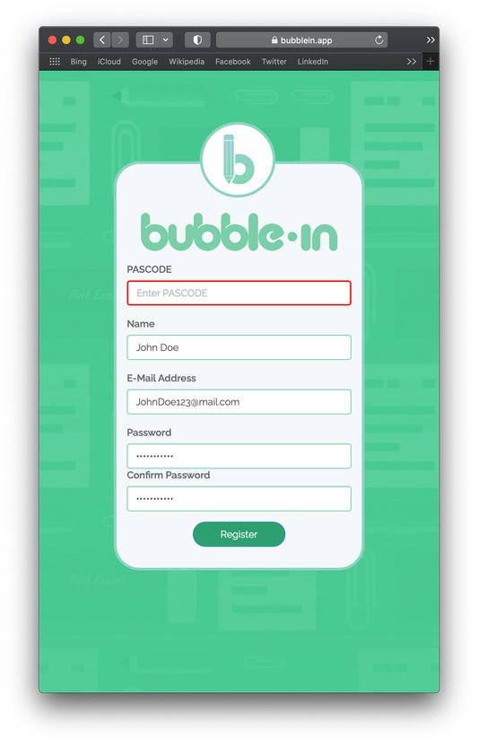 Bubble-In Registration PASSCODE